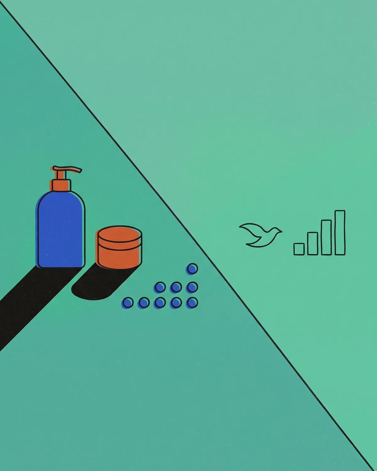 A pump bottle and a round jar beside a row of dots ascending like steps