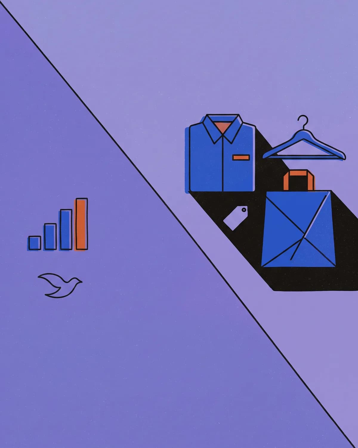 A folded shirt, a hanger, a shopping bag with a diagonal fold and a small blank tag