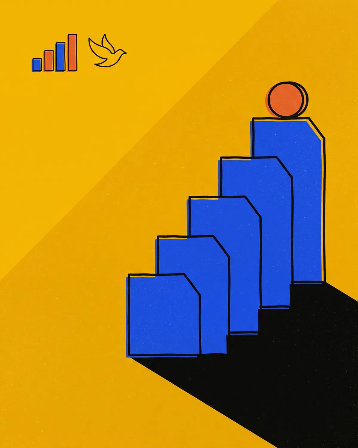 Four receipt slips fanned out as ascending steps with a single coin on the tallest