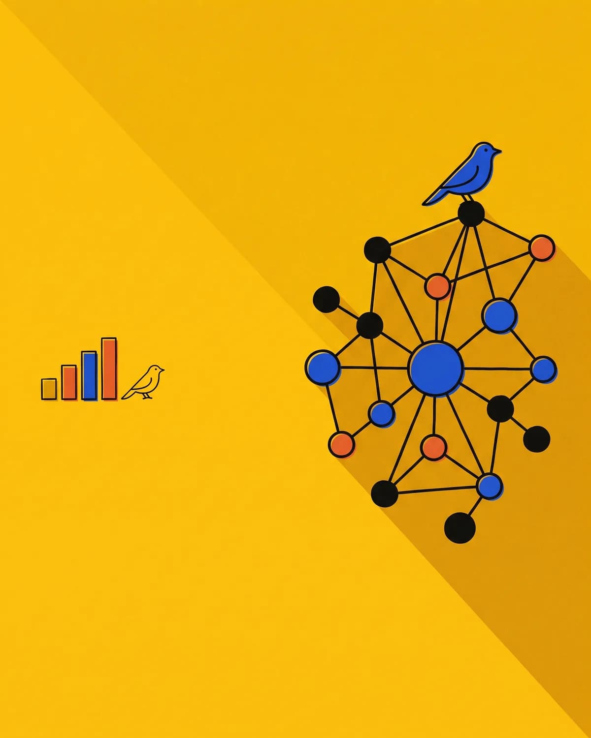 A knowledge graph of dots joined by straight lines with one larger solid dot at the center and a bird perched on the topmost connection