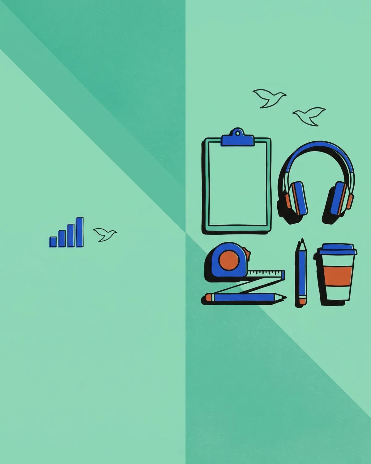 A workbench still life standing in for a team portrait: clipboard, headset, tape measure, pencil and coffee cup, with two birds above