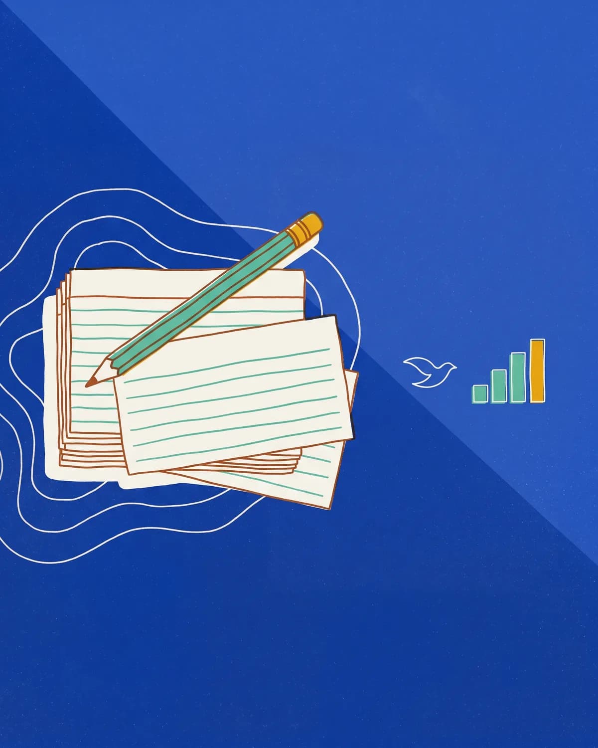 A stack of index cards with the top card slid sideways, a pencil resting on it and contour lines behind