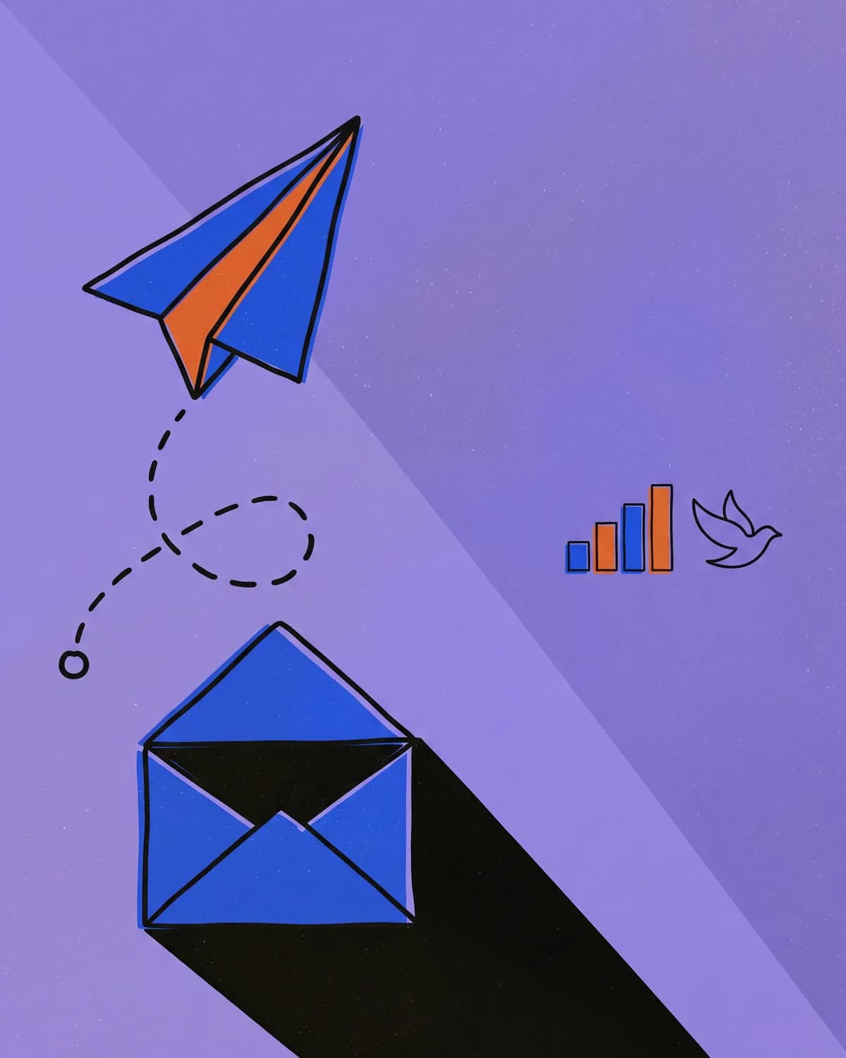 A paper plane climbing on a dashed line toward a small ring, above an open envelope