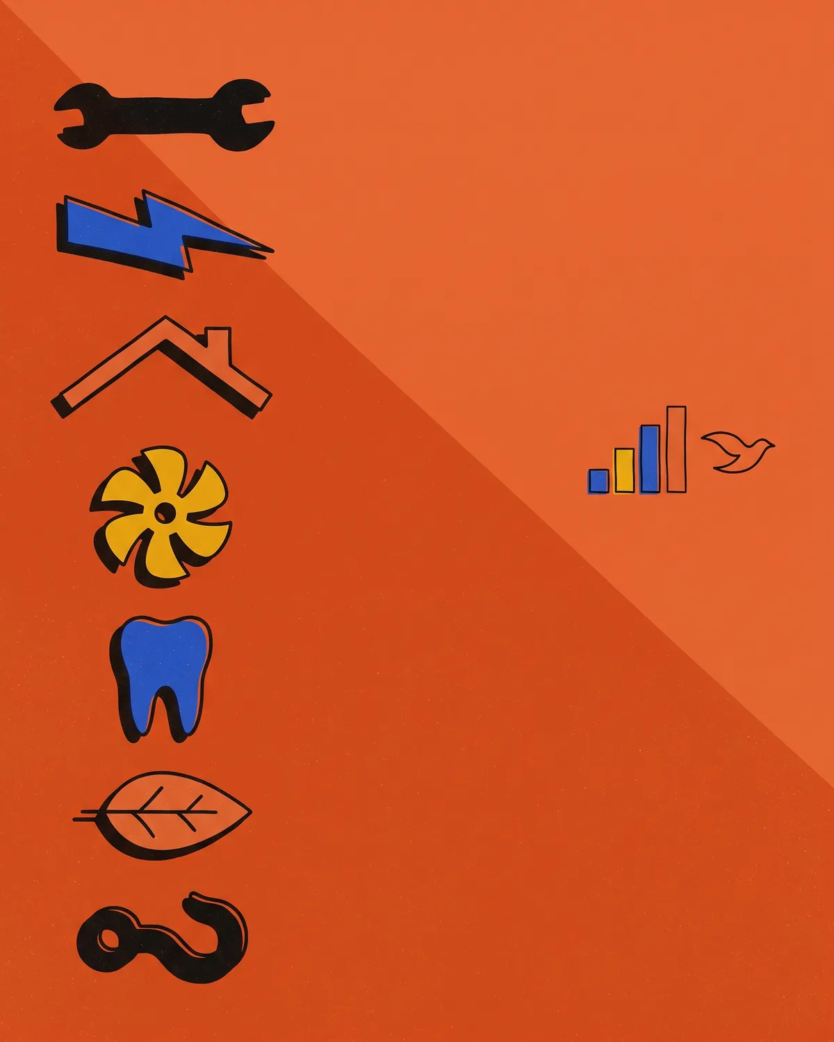 Seven trade silhouettes lined up like tools on a pegboard: wrench, lightning bolt, roof pitch, fan blade, tooth, leaf and tow hook