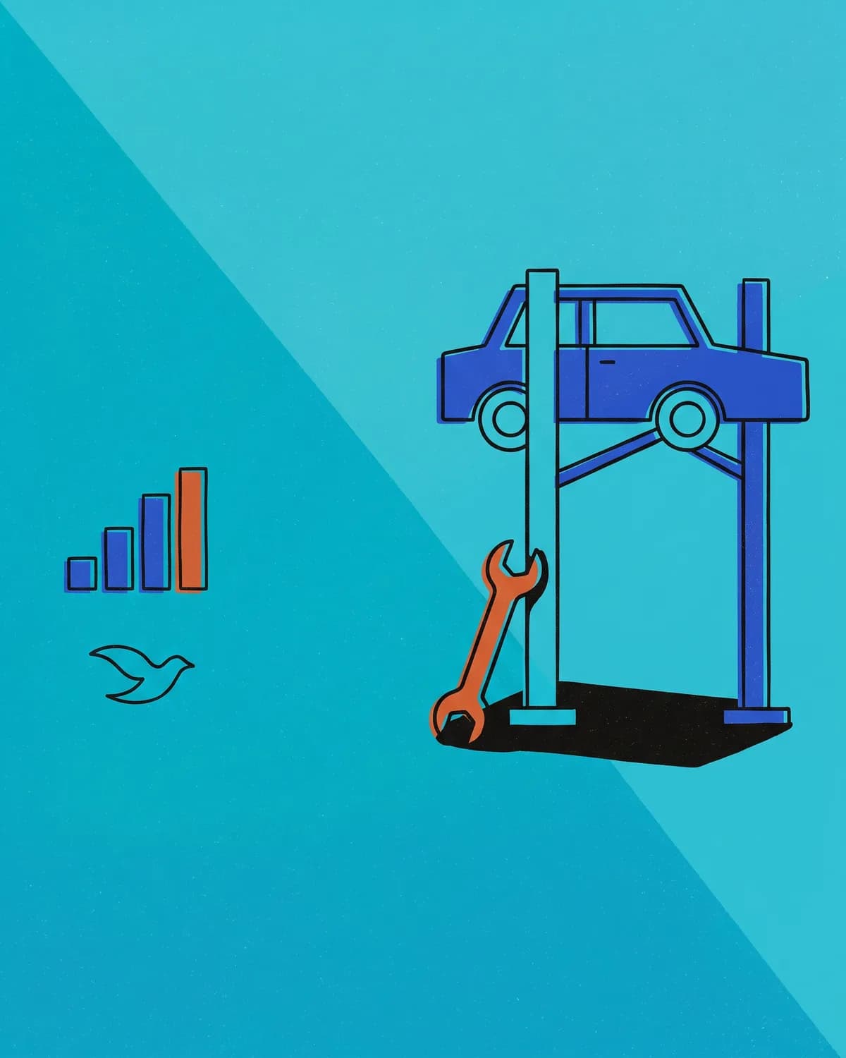 A car raised on a two-post lift with an open-end wrench leaning against the post