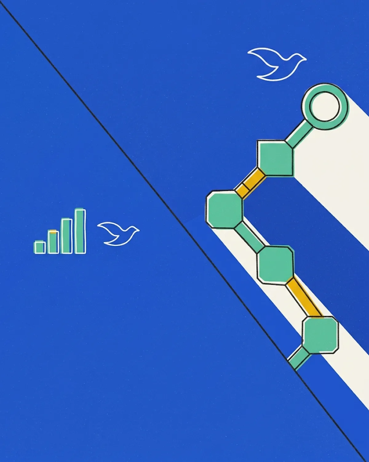 A pipeline of six nodes connected by straight segments climbing to the right, the last drawn as an open ring, a bird above