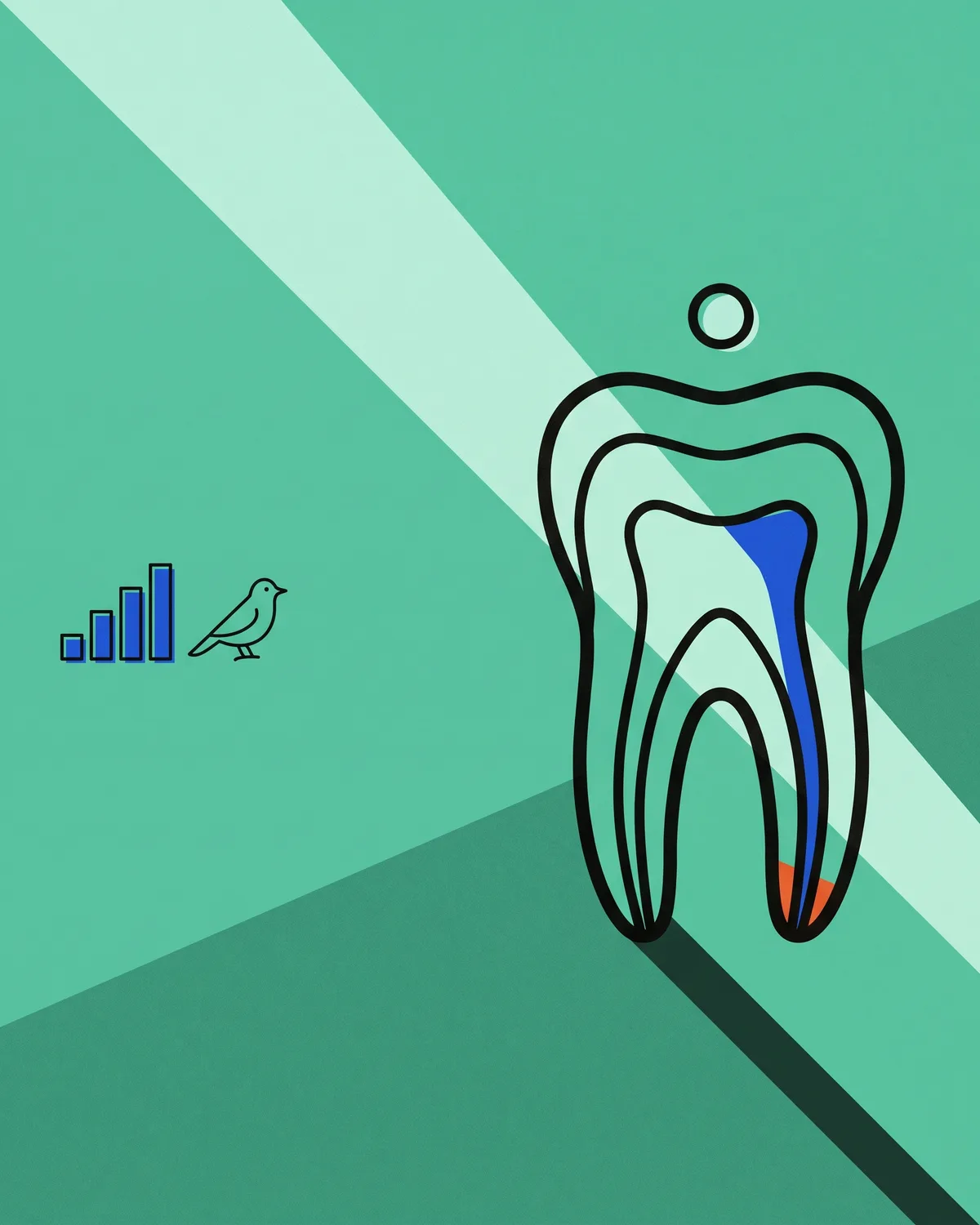 A molar drawn as a bold flat shape with a diagonal beam of light crossing it and a small ring above