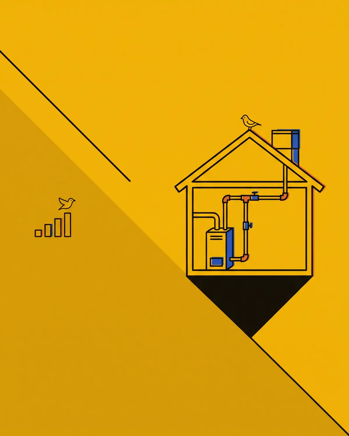 A house cross-section showing a furnace, a pipe run and a rooftop condenser, with a bird on the ridge