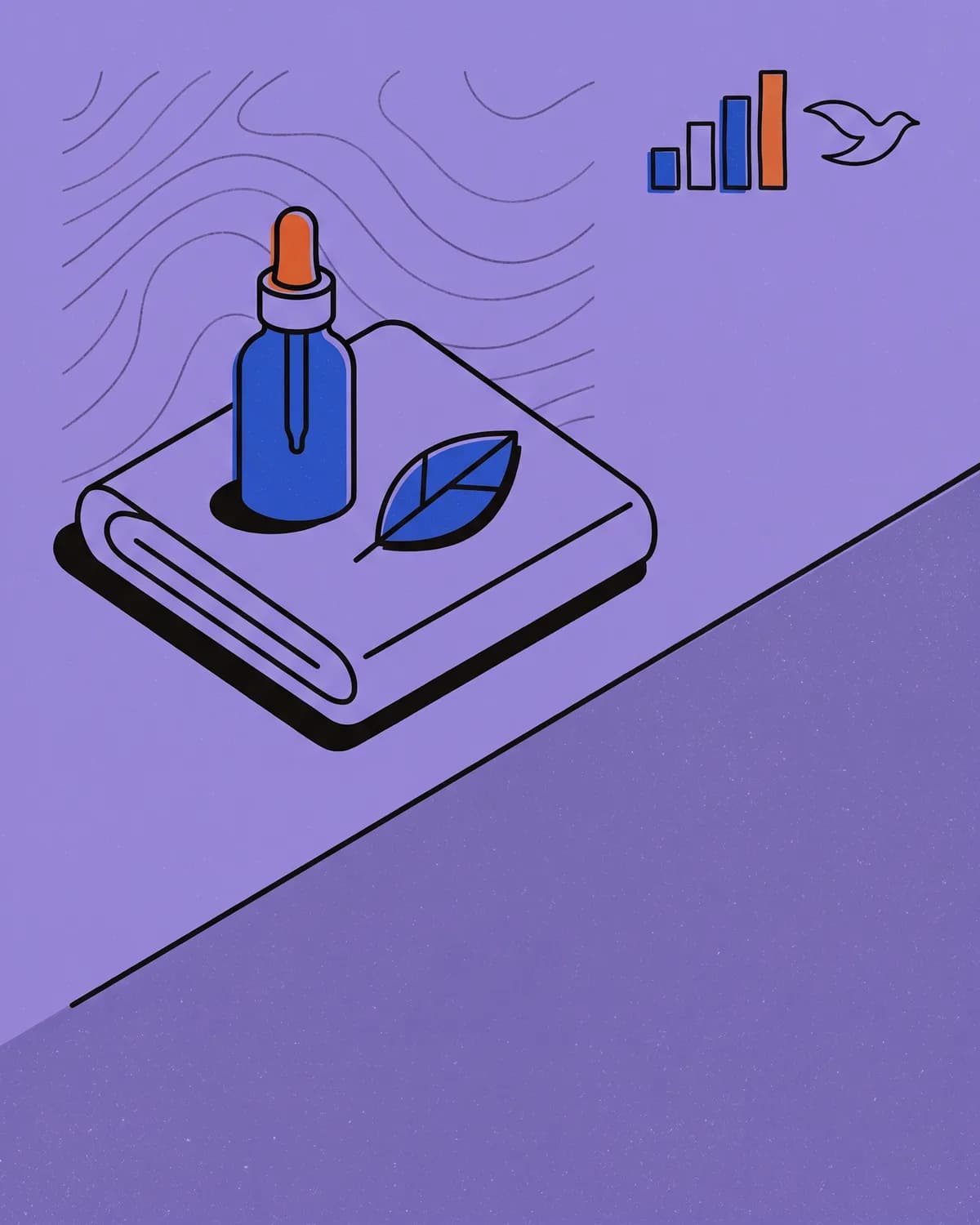 A dropper bottle and a single leaf laid on a folded towel, contour lines behind them