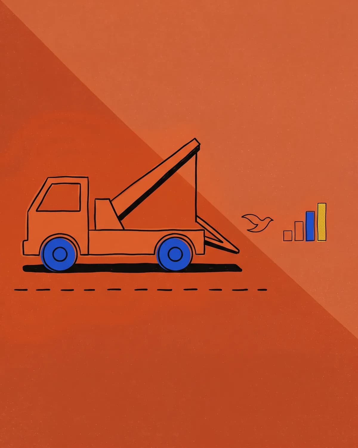 A flatbed tow truck seen side-on with its boom raised, a dashed road line beneath it
