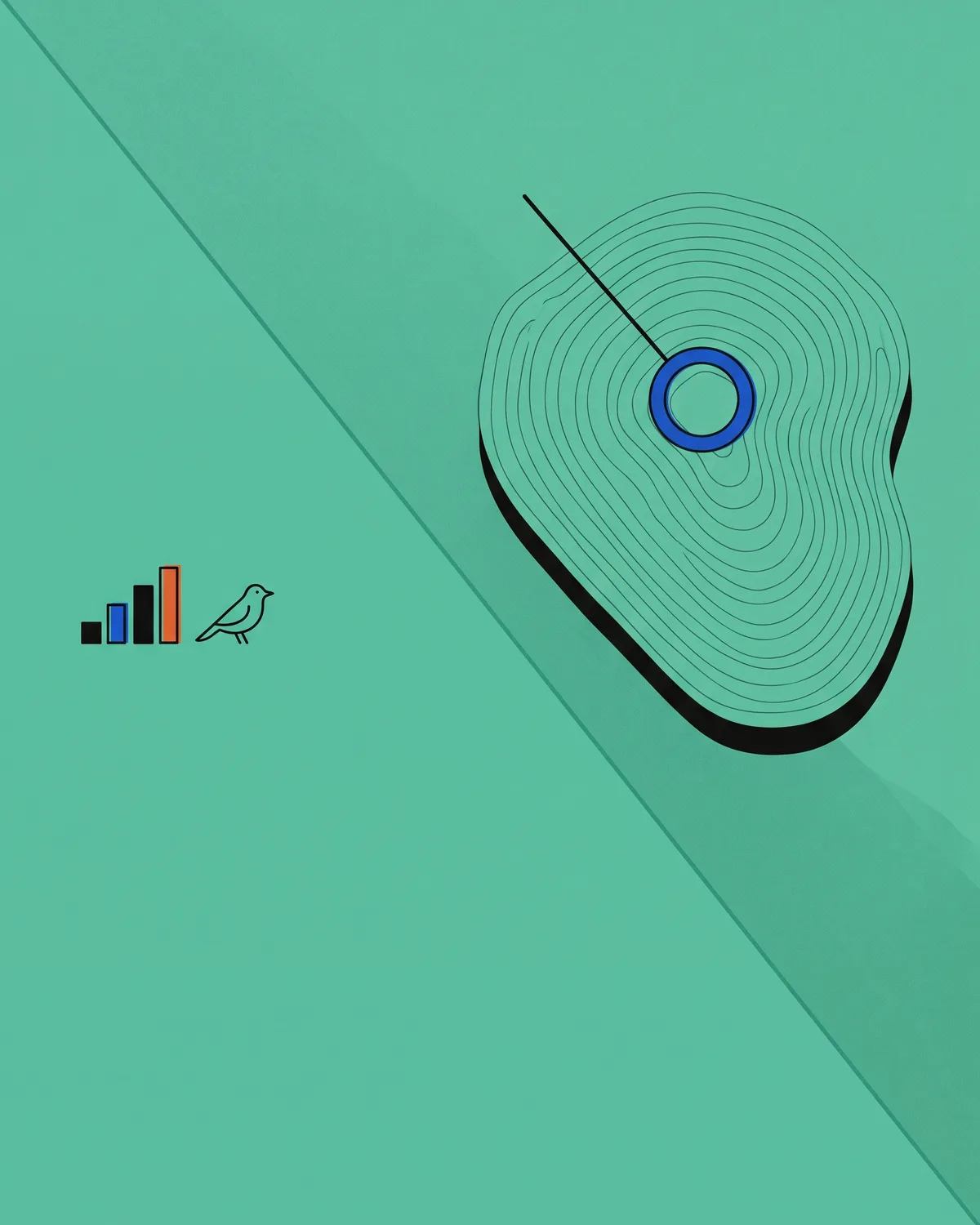 A contour map of concentric wavy lines with one bold ring on the highest contour and a straight line pointing to it