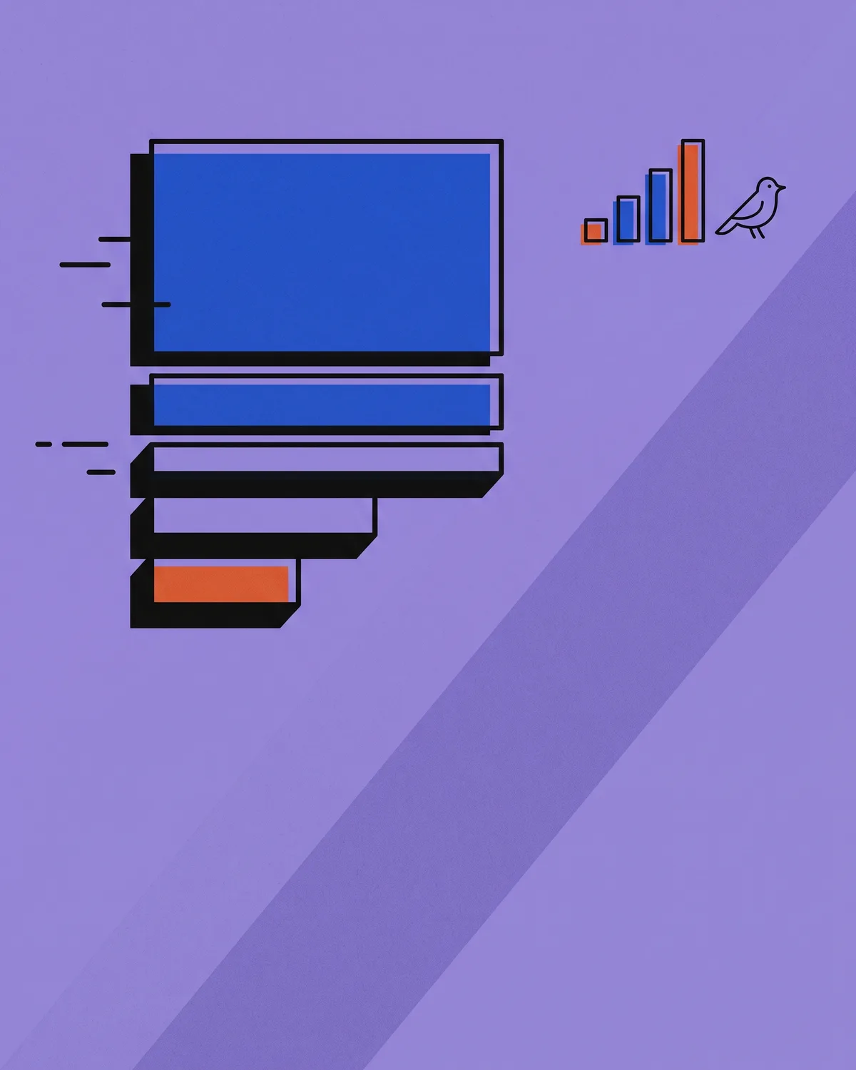 A web page wireframe built from flat blocks with three speed dashes trailing off the left edge